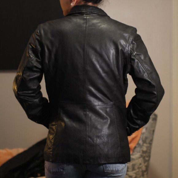 Vintage Leather Jacket Black with Red Buttons - Picture 3 of 13
